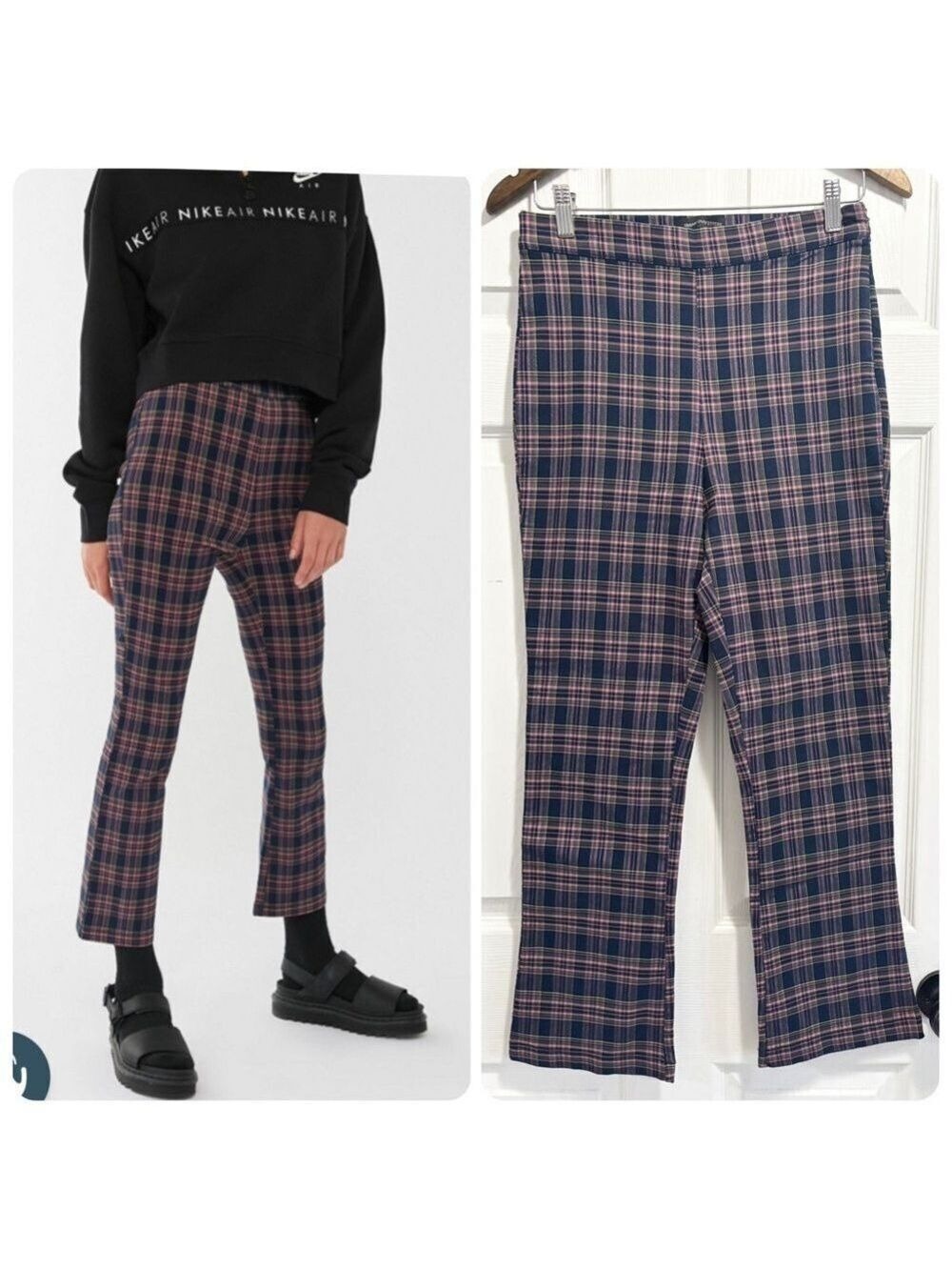 Urban Outfitters Lola Plaid Kick Flare Pants Stretchy Side Zip Navy Pink Sz 10